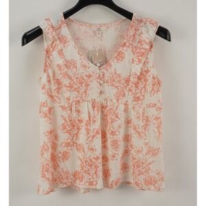 New Como Vintage Linen Blend Ruffle Tank Top White Coral Floral Women's Large